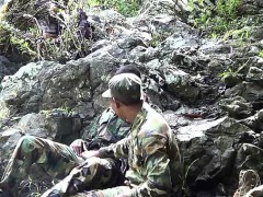 Army boys scout for hard meat outdoors