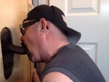 Gray DILF blowing and tugging two gloryhole dicks in trio