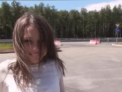 Foxy Di's shaved little pussy banged in the car